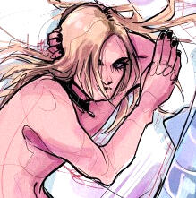 A drawing of Curt Wild laying down with his hair in his face. He is topless and wearing a collar.