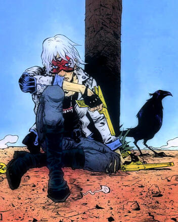 A drawing of Val Velocity sitting in front of a wooden pole and blue sky. He is next to a bird and holding two guns casually.