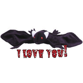 A gif of an unmoving stuffed toy bat. Glittering text under it reads "I LOVE YOU!"