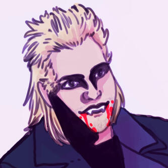 A drawing of David from the Lost Boys smiling with blood on his mouth.